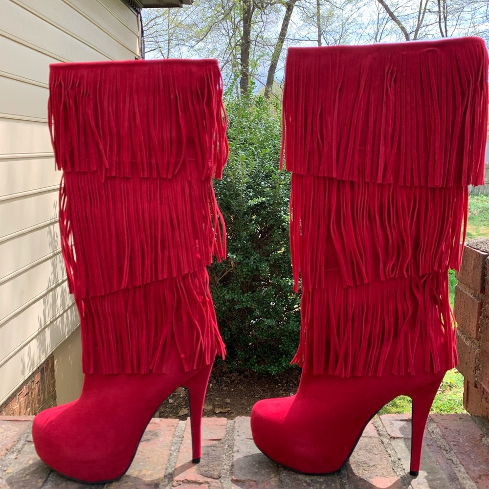 Red knee high boots